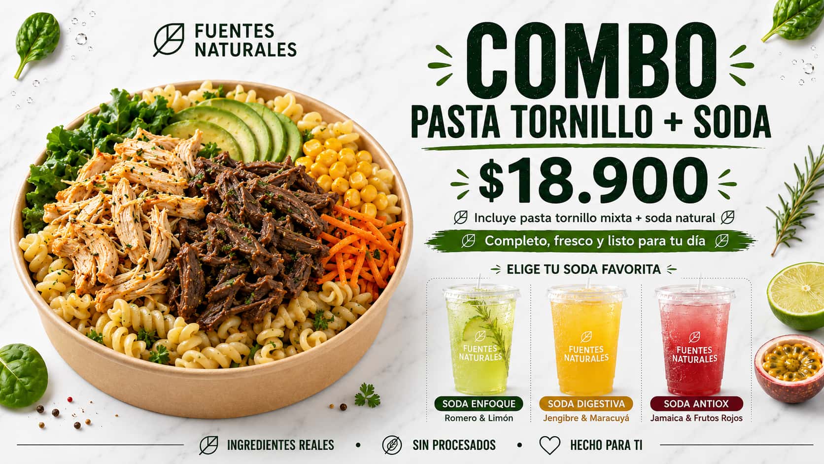 Combo pasta tornillo con mix de proteína